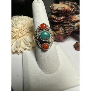 VTG Sterling Silver Red Coral Turquoise Ring